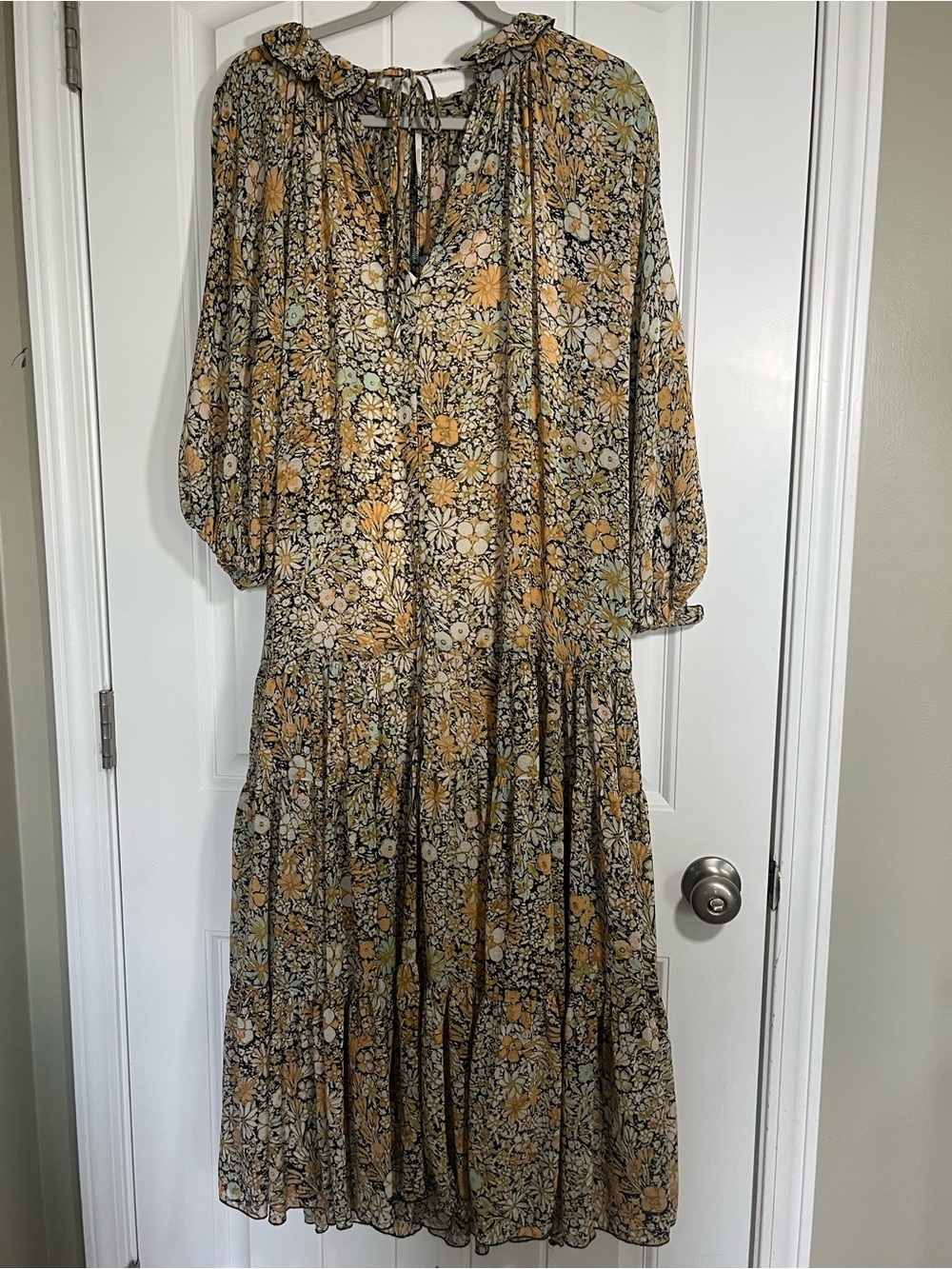 Free People Floral Tiered Maxi Dress in Mustard, Sage, and Cream